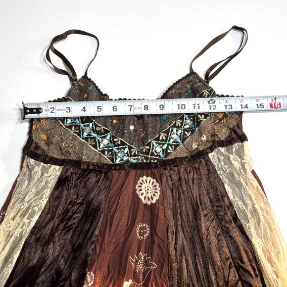 Vtg Y2K Papaya Patchwork Babydoll Dress Brown Beaded Lace Festival Eclectic Boho - Picture 8 of 16